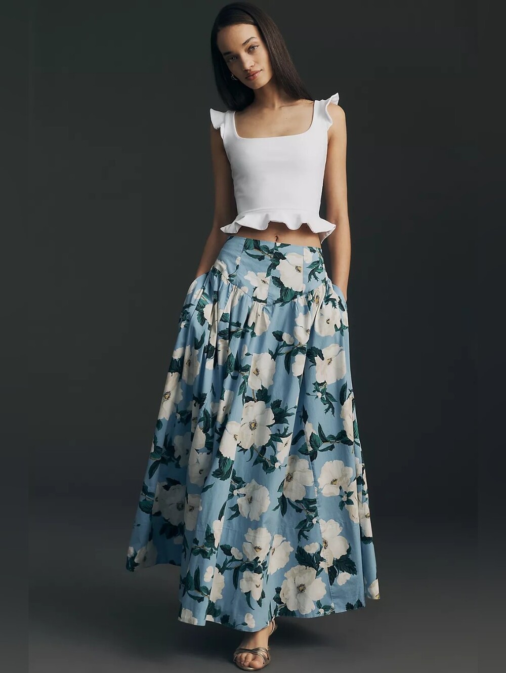 Maeve Basque-Waist Maxi Skirt Blue Floral Size 0